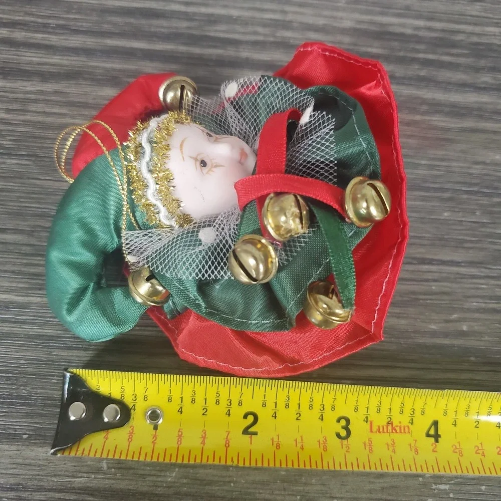 PORCELAIN FACE SATIN COURT JESTER CHRISTMAS ORNAMENT BELLS HANDPAINTED 3